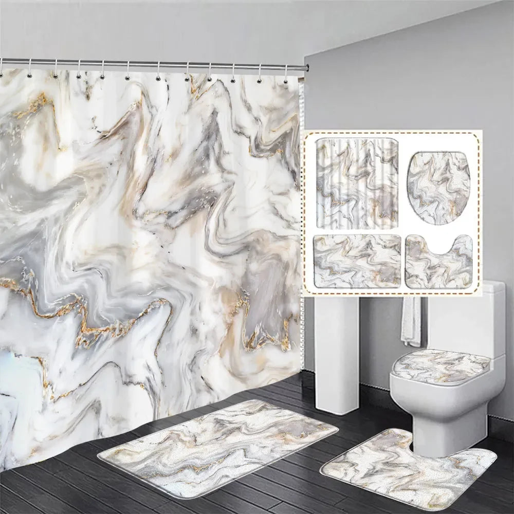 Gray Golden Crackle Marble Shower Curtain Set Modern Creative Marble Texture Fabric Bathroom Decor Curtain and Non-Slip Bath Mat