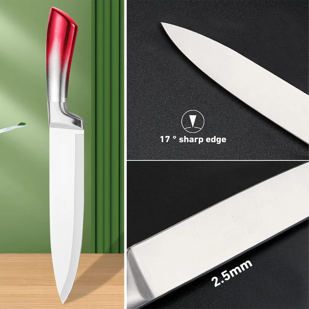 MDHAND 9Pcs Stainless Steel Knife Block Set with Sharpener Cutting Slicing Fruit Meat Cleaver Utility Knife Knives Accessories
