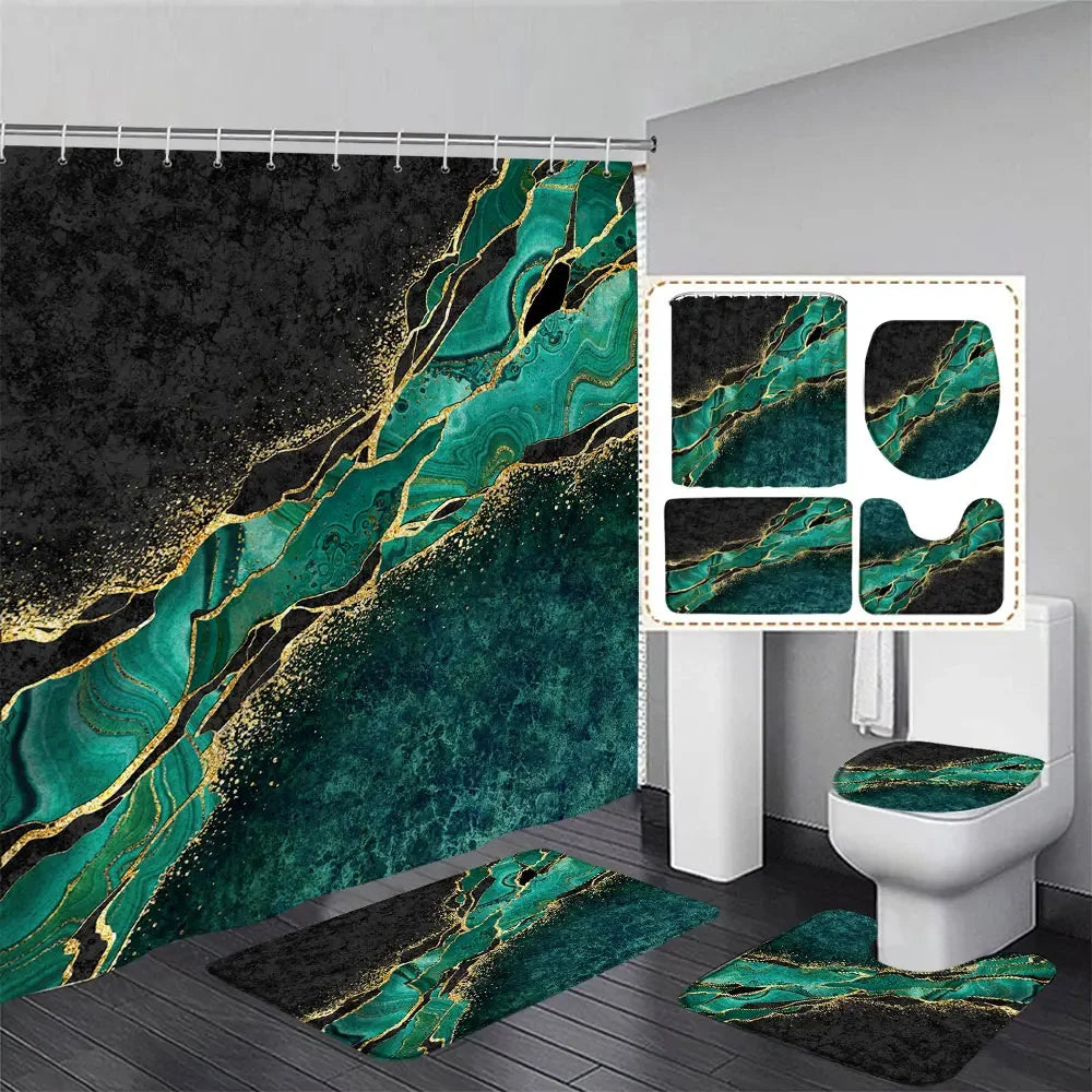 Gray Golden Crackle Marble Shower Curtain Set Modern Creative Marble Texture Fabric Bathroom Decor Curtain and Non-Slip Bath Mat