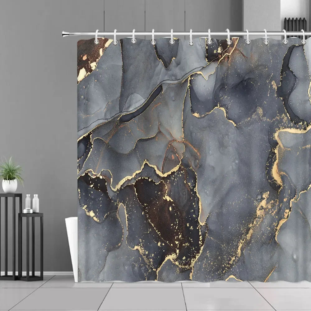 Gray Golden Crackle Marble Shower Curtain Set Modern Creative Marble Texture Fabric Bathroom Decor Curtain and Non-Slip Bath Mat