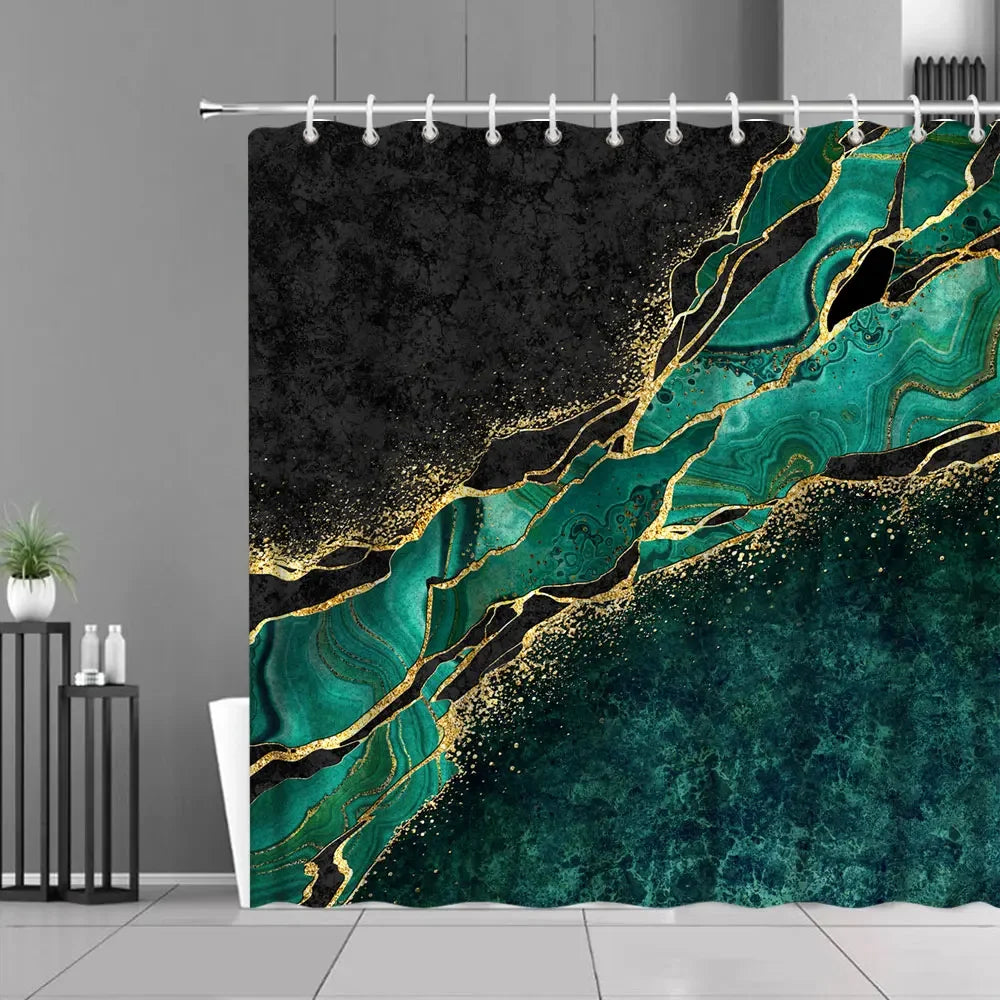 Gray Golden Crackle Marble Shower Curtain Set Modern Creative Marble Texture Fabric Bathroom Decor Curtain and Non-Slip Bath Mat