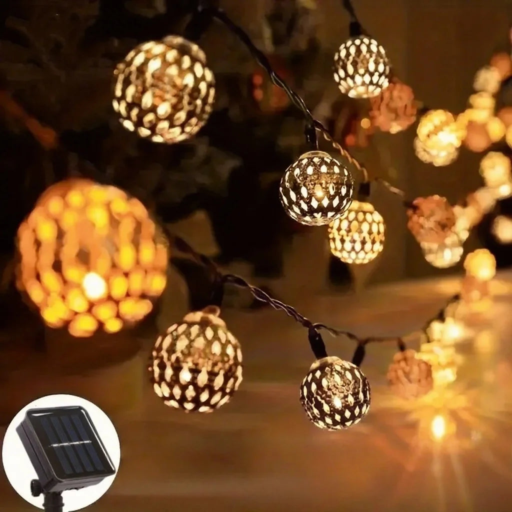 Solar Moroccan Ball String Lights LED Solar Outdoor Fairy Lamp Hanging Festival for Garden Christmas Wedding Halloween Decor