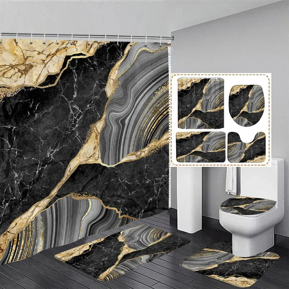 Gray Golden Crackle Marble Shower Curtain Set Modern Creative Marble Texture Fabric Bathroom Decor Curtain and Non-Slip Bath Mat