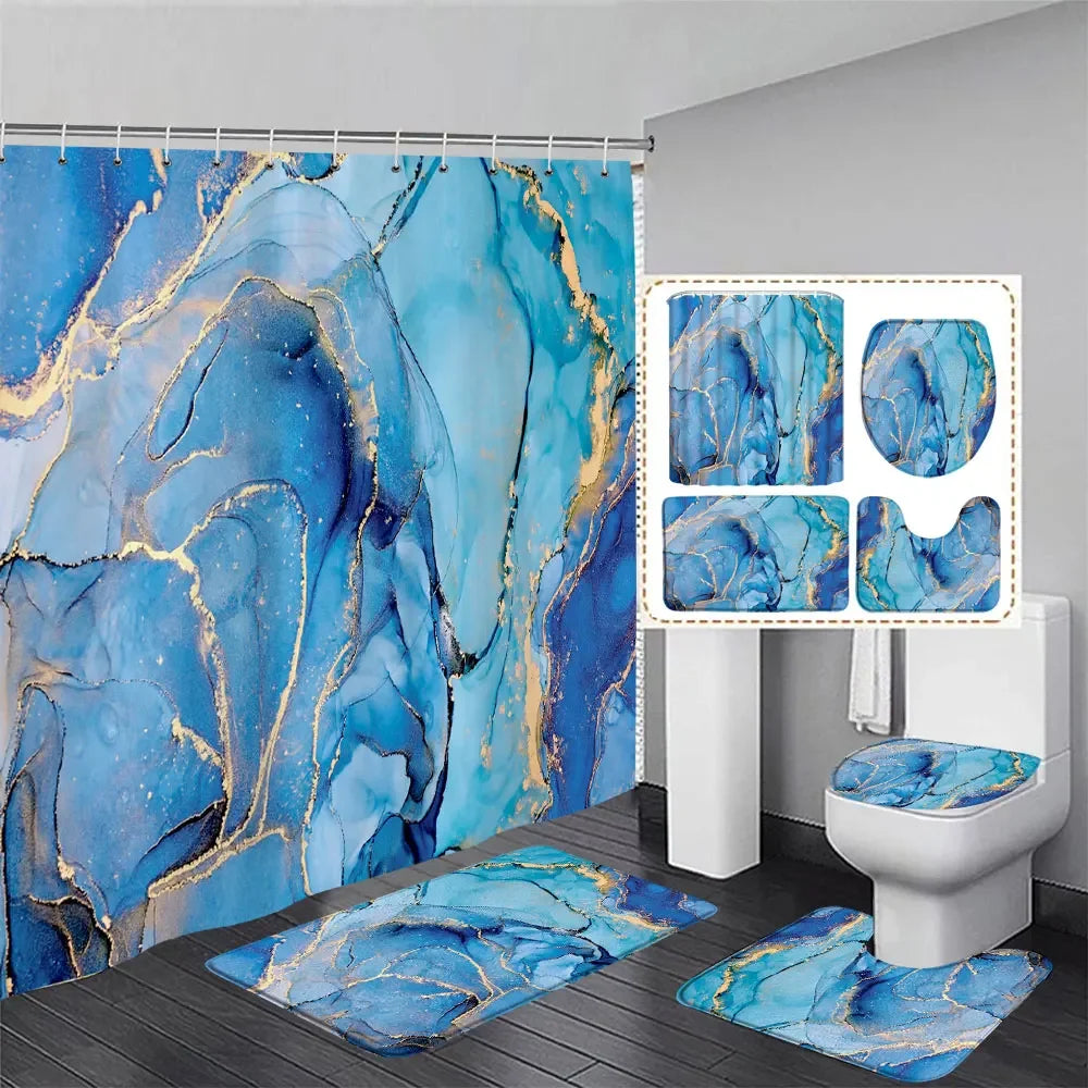 Gray Golden Crackle Marble Shower Curtain Set Modern Creative Marble Texture Fabric Bathroom Decor Curtain and Non-Slip Bath Mat
