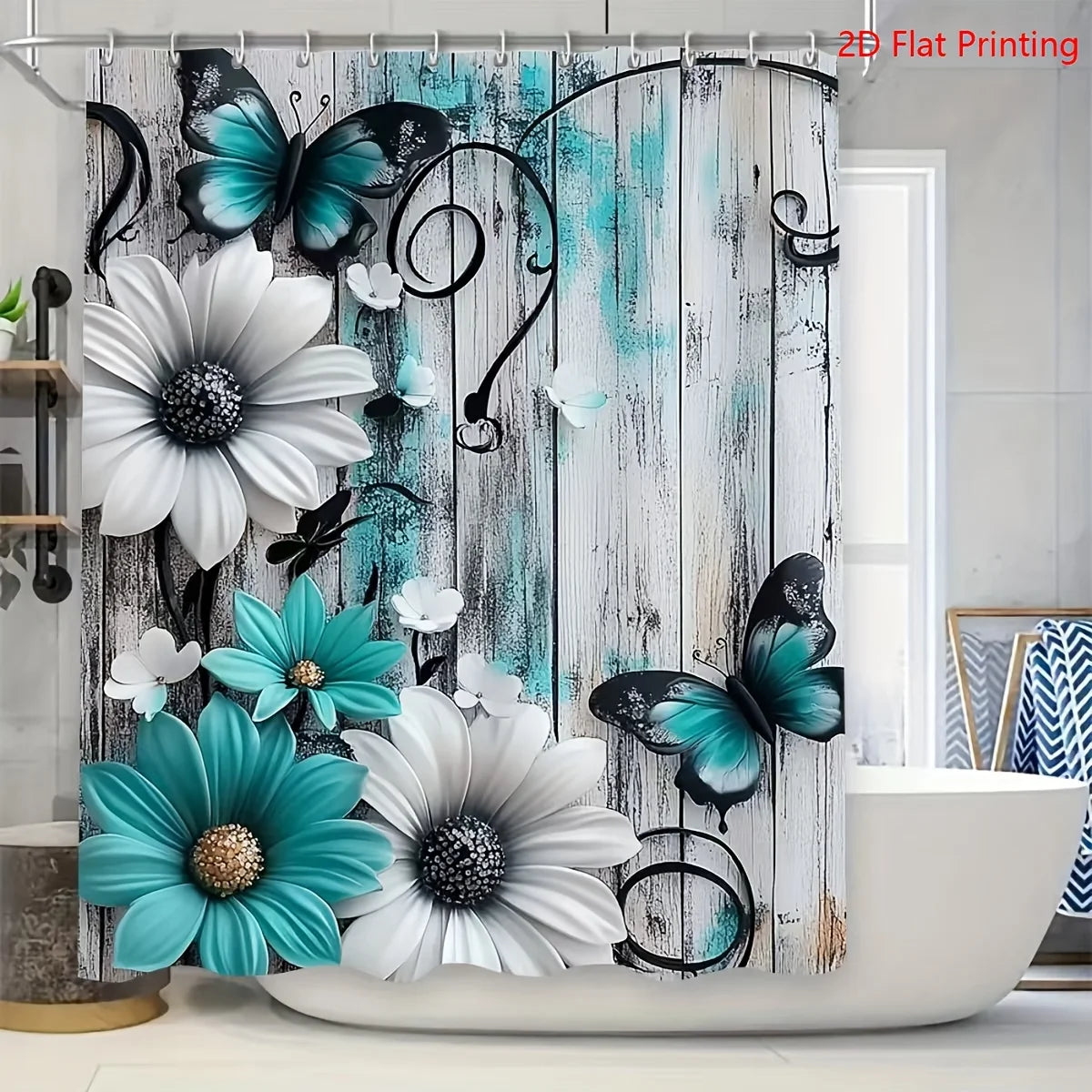 1or4 Piece Teal and White Floral Butterfly Shower Curtain Set - Modern Bathroom Decor - Washable Fabric Curtain - Rugs and Cover