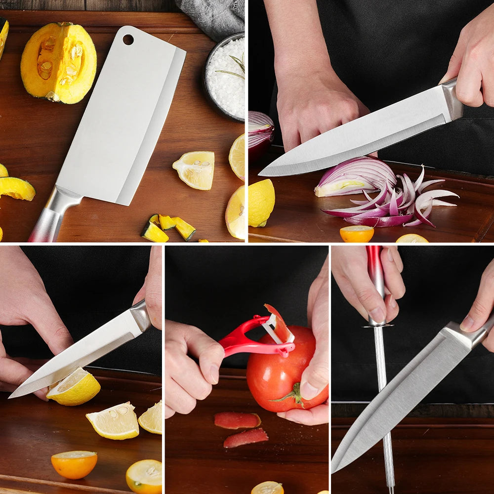 MDHAND 9Pcs Stainless Steel Knife Block Set with Sharpener Cutting Slicing Fruit Meat Cleaver Utility Knife Knives Accessories