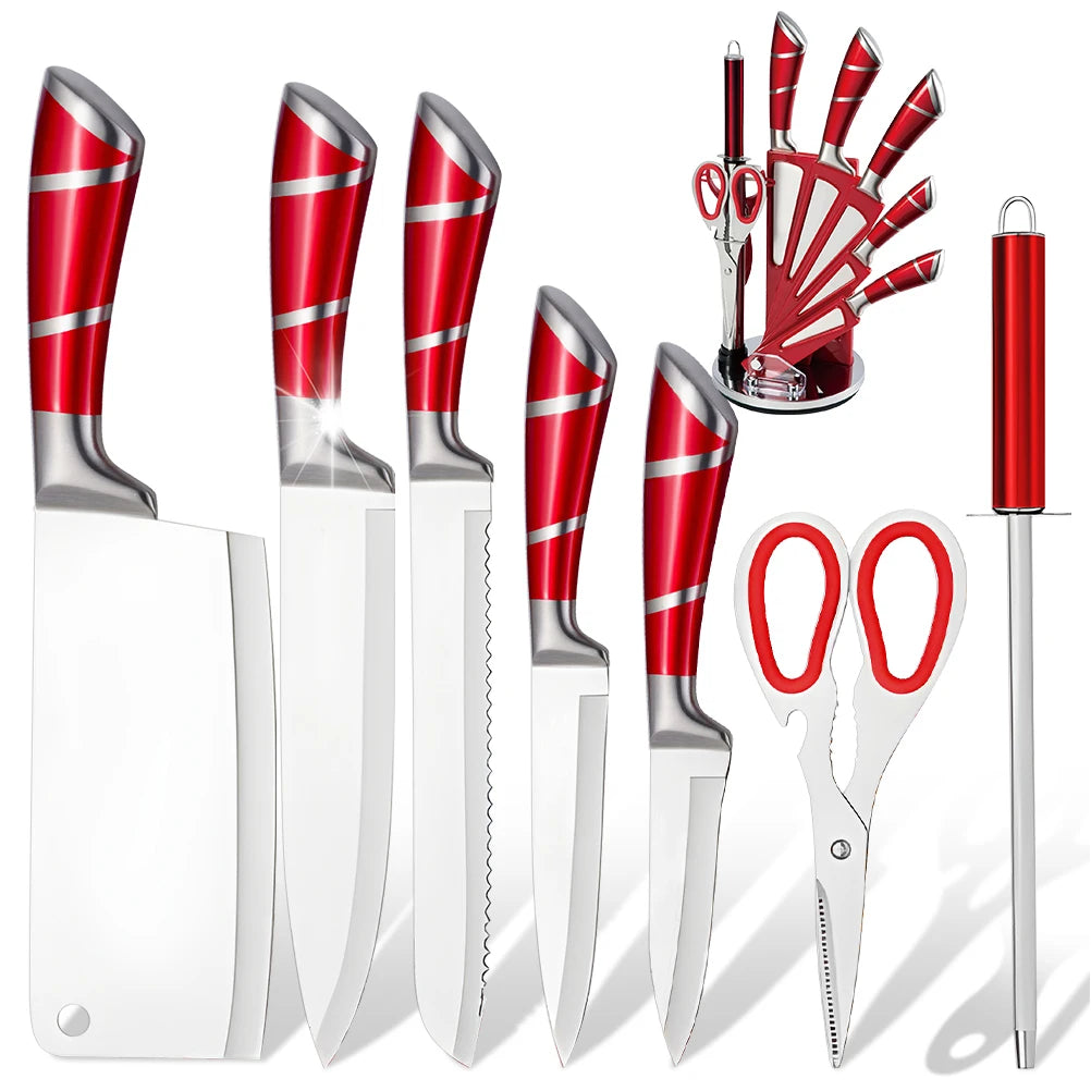 MDHAND 9Pcs Stainless Steel Knife Block Set with Sharpener Cutting Slicing Fruit Meat Cleaver Utility Knife Knives Accessories
