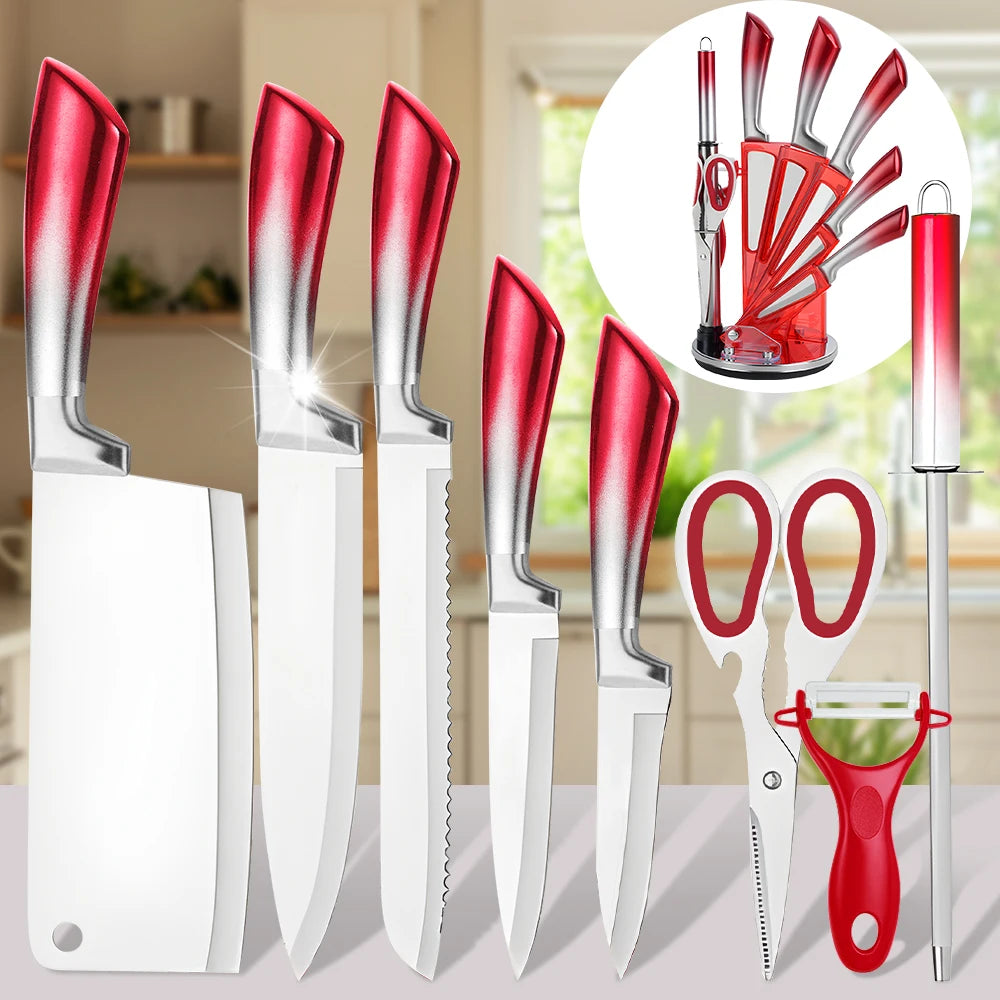 MDHAND 9Pcs Stainless Steel Knife Block Set with Sharpener Cutting Slicing Fruit Meat Cleaver Utility Knife Knives Accessories