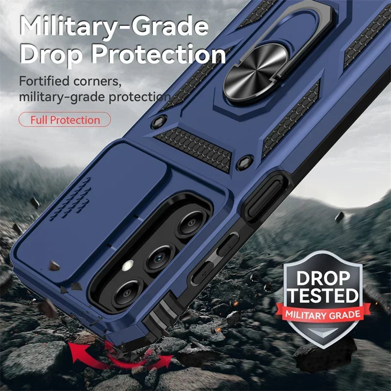 Slide Camera Lens Military Grade Armor Phone Case For Samsung Galaxy A16 A06 A15 A25 A35 A55 5G S24FE Holder Ring Stand Cover