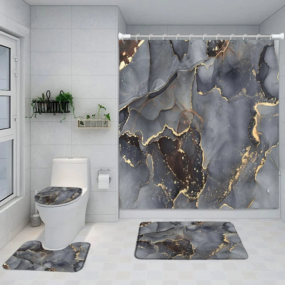 Gray Golden Crackle Marble Shower Curtain Set Modern Creative Marble Texture Fabric Bathroom Decor Curtain and Non-Slip Bath Mat