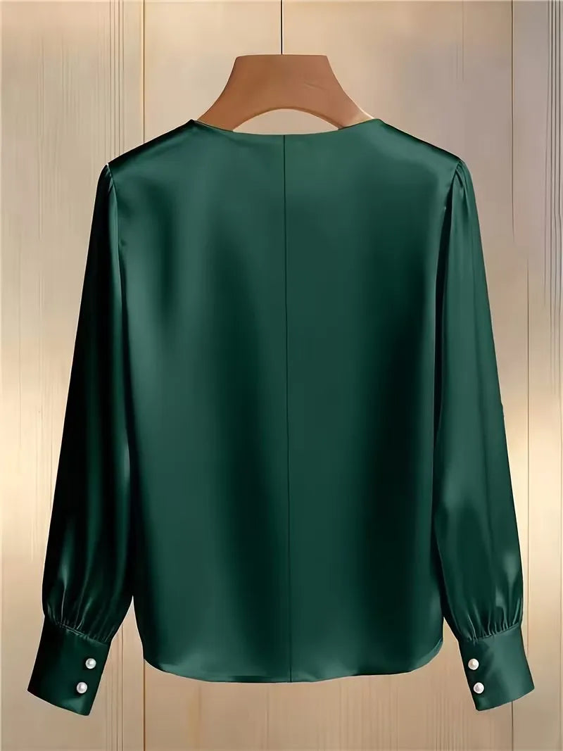 Satin Beaded V Neck Long Sleeve Blouse For Women Elegant Formal Top