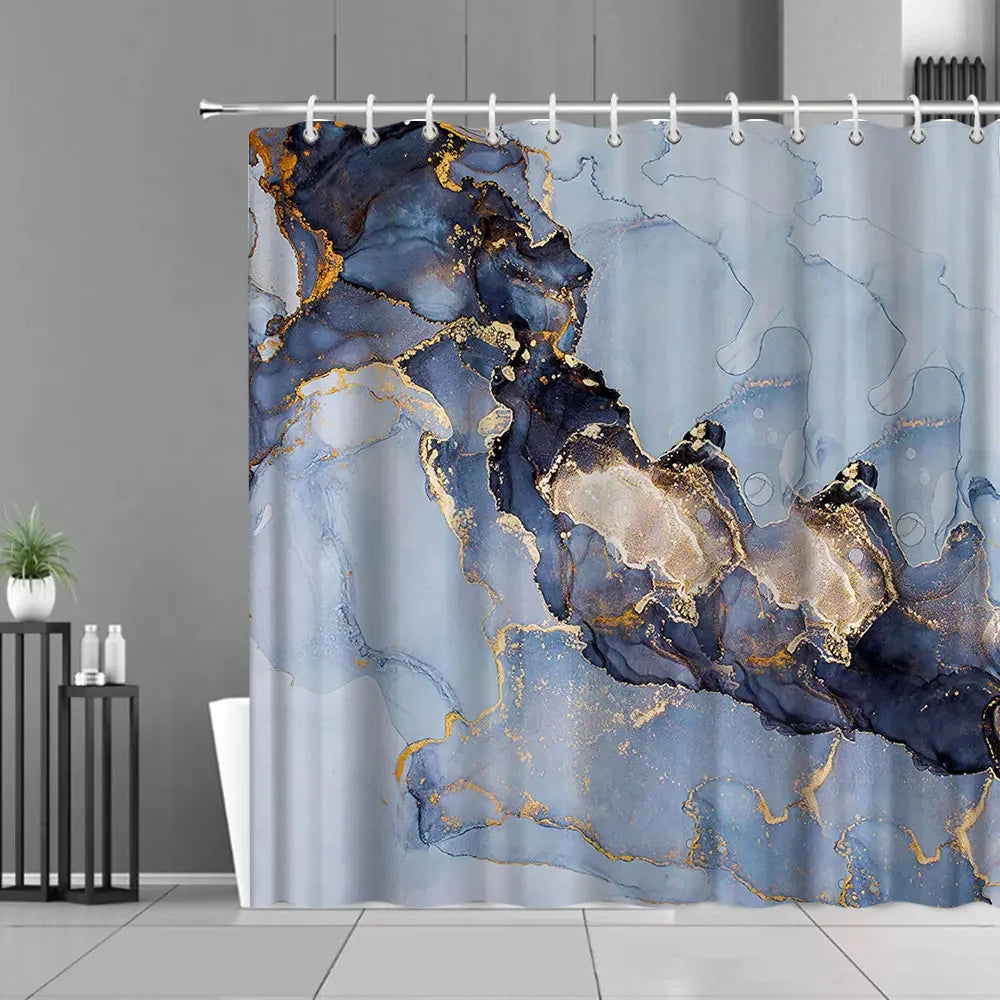 Gray Golden Crackle Marble Shower Curtain Set Modern Creative Marble Texture Fabric Bathroom Decor Curtain and Non-Slip Bath Mat