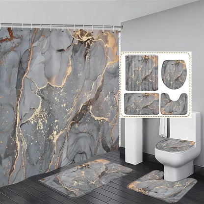 Gray Golden Crackle Marble Shower Curtain Set Modern Creative Marble Texture Fabric Bathroom Decor Curtain and Non-Slip Bath Mat