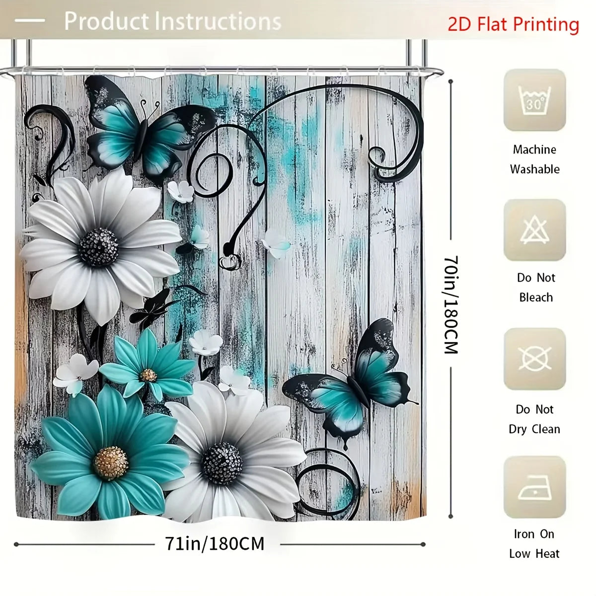 1or4 Piece Teal and White Floral Butterfly Shower Curtain Set - Modern Bathroom Decor - Washable Fabric Curtain - Rugs and Cover