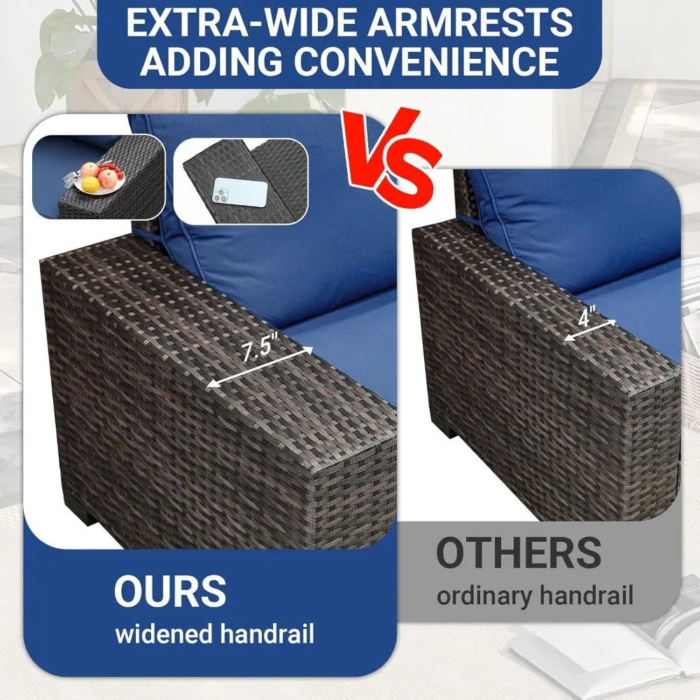 Patio Furniture Set, All-Weather Outdoor Wicker Sectional Sofa with Cushions, Tempered Glass Table &amp; Ottoman,Rattan Conversation