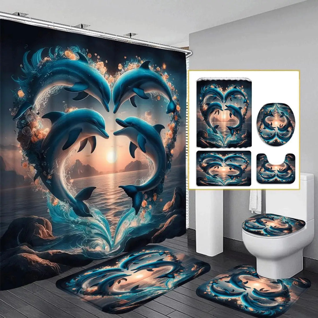 1/3/4 Piece Dolphin Rose Shower Curtain Set, Waterproof Shower Curtain with 12 Hooks, Non-Slip Bathroom Rug, U-Shaped Toilet Mat, Toilet Seat Mat, Bathroom Decor, Bathroom Shower Curtain Set