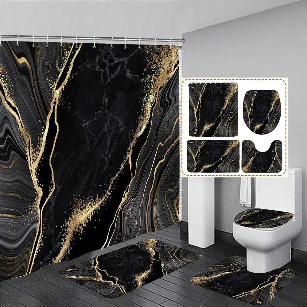 Gray Golden Crackle Marble Shower Curtain Set Modern Creative Marble Texture Fabric Bathroom Decor Curtain and Non-Slip Bath Mat