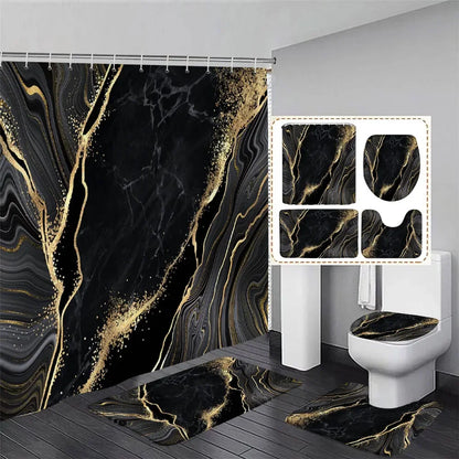 Gray Golden Crackle Marble Shower Curtain Set Modern Creative Marble Texture Fabric Bathroom Decor Curtain and Non-Slip Bath Mat