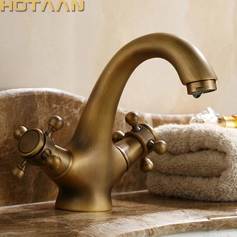 Antique Faucet Bathroom Basin Faucet Two Handles Washbasin Taps Solid Brass Deck