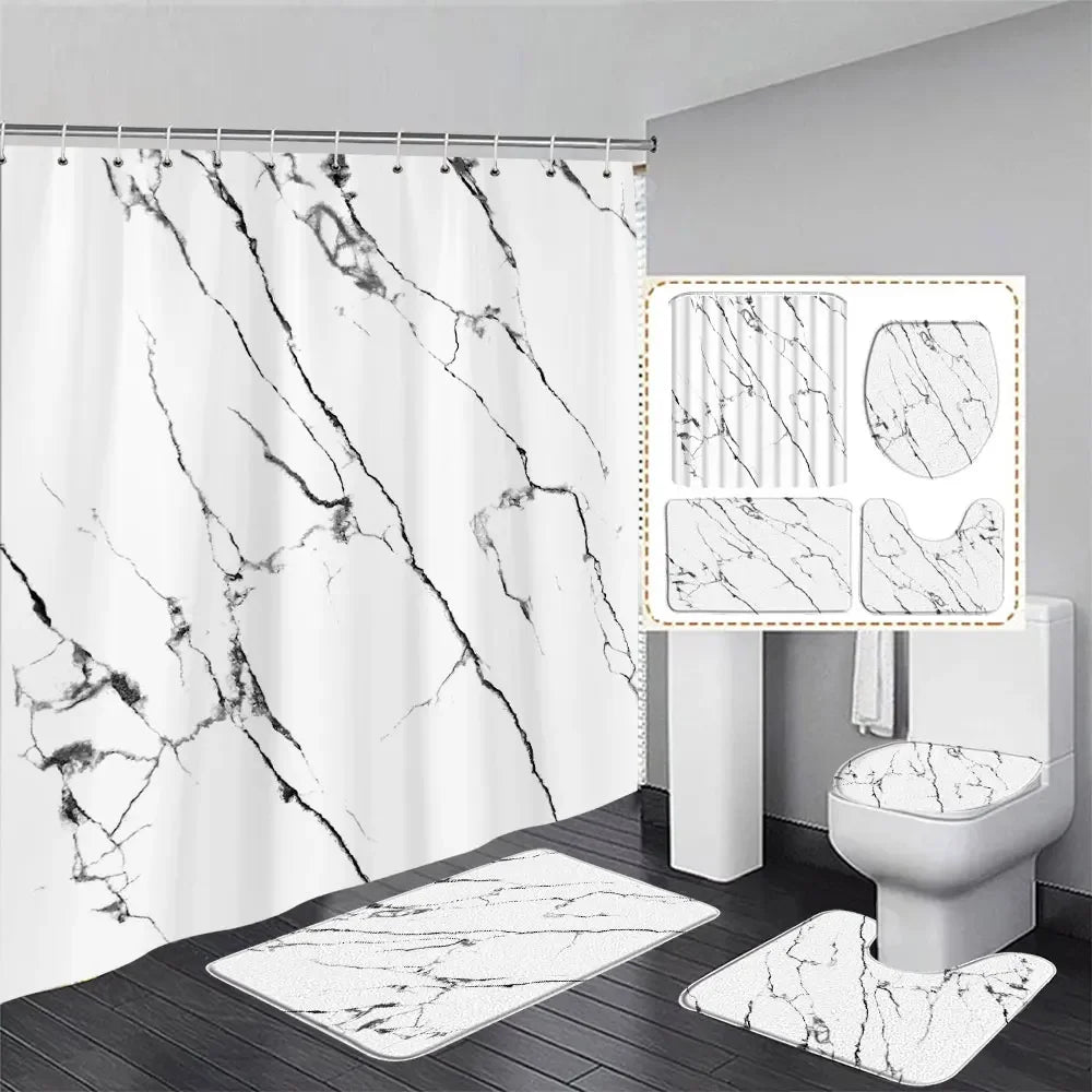Gray Golden Crackle Marble Shower Curtain Set Modern Creative Marble Texture Fabric Bathroom Decor Curtain and Non-Slip Bath Mat