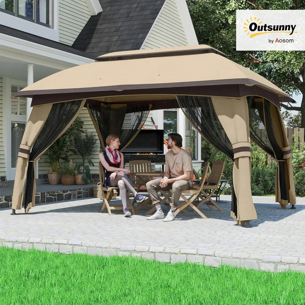 10x13ft Outdoor Gazebo with Netting, Vented Roof, Steel Frame for Garden Patio Backyard