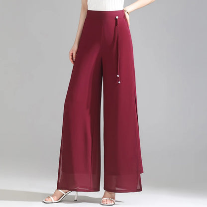 ZUZK Double Layer Chiffon Pants Fashion Slit Chiffon Pants Spring Summer Comfortable Elastic Waist Slim Chic Droop Pants