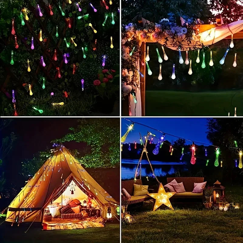 Solar LED String Lights Teardrop Water Drop Design 8 Modes Outdoor Christmas Decor for Garden Yard Wedding Courtyards Porches