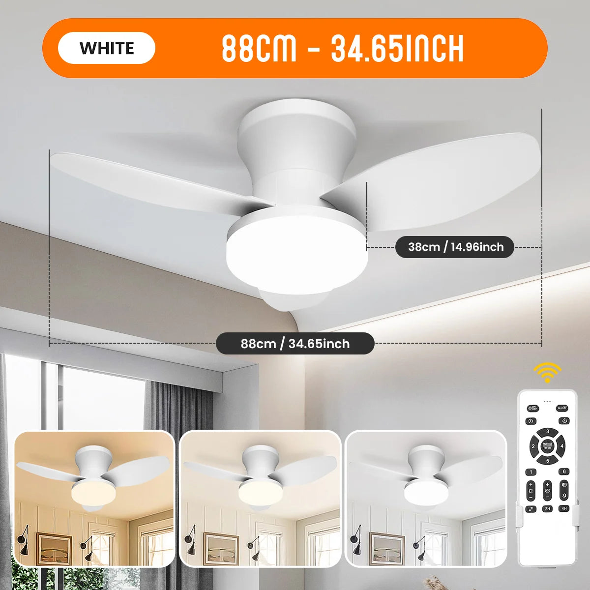 Mexllex Three Leaf Ceiling Fan with Light &amp; Remote Control, 6 Speed, Reversible Noiseless, Dimmable LED Chandelier for Bedroom