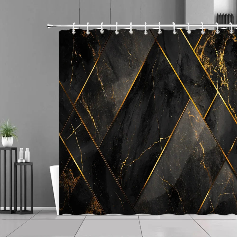 Gray Golden Crackle Marble Shower Curtain Set Modern Creative Marble Texture Fabric Bathroom Decor Curtain and Non-Slip Bath Mat