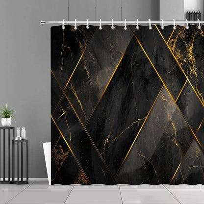 Gray Golden Crackle Marble Shower Curtain Set Modern Creative Marble Texture Fabric Bathroom Decor Curtain and Non-Slip Bath Mat