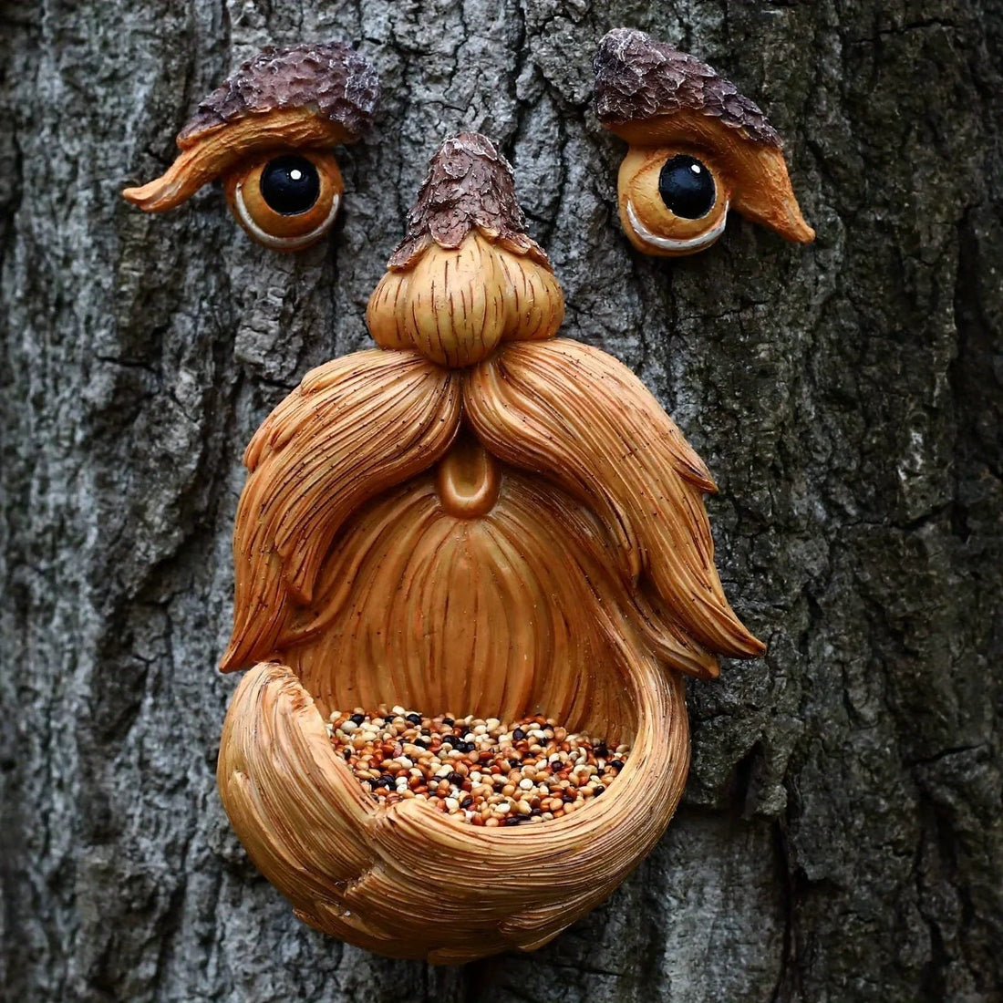 Tree Face Decor Bird Feeder Outdoor,Eyes Glow in Dark Fun Old Man Tree Hugger Sculpture Yard Art Garden Lawn Ornament Decoration
