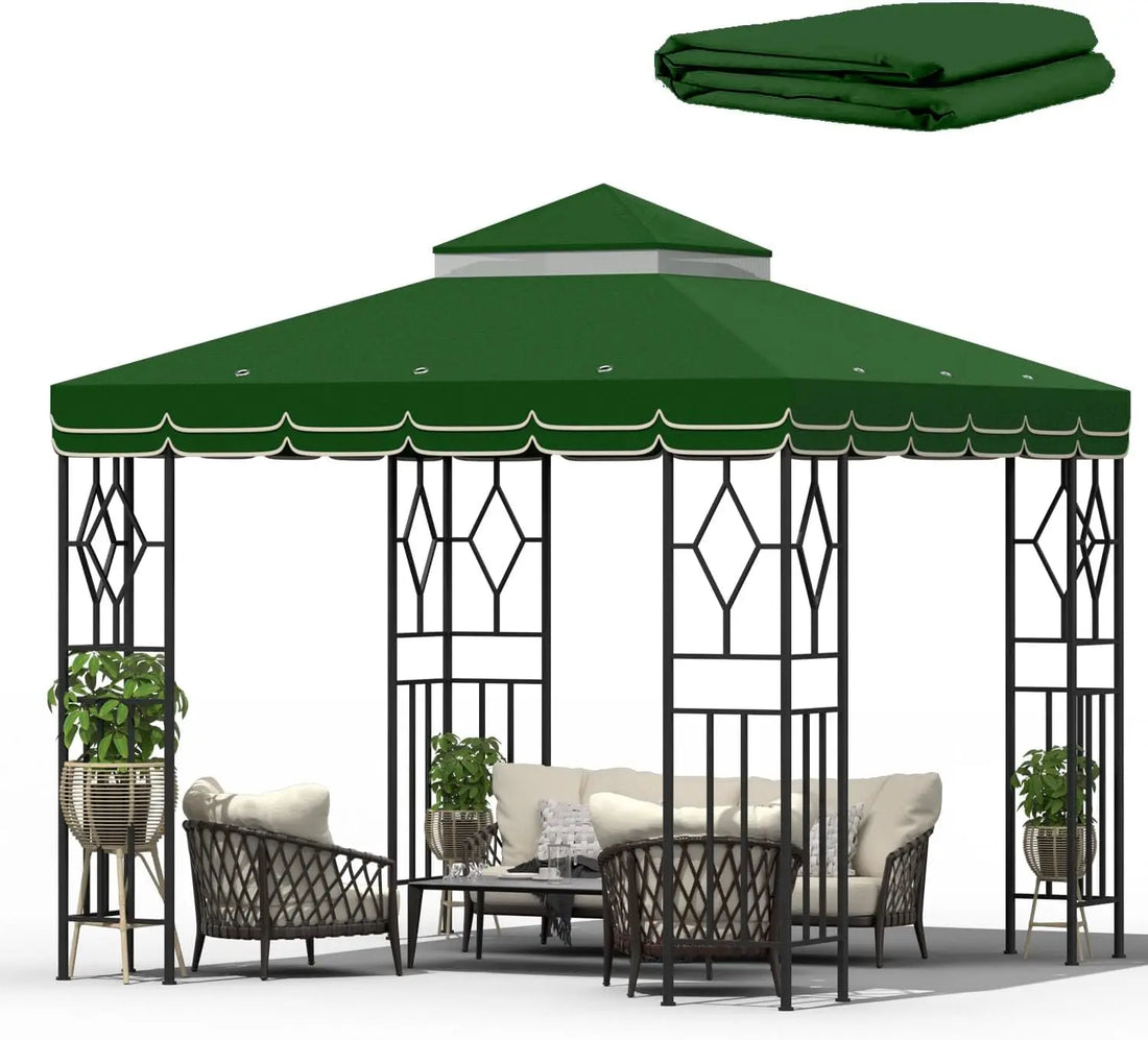 10x10 Canopy Replacement Top Double Tiered Gazebo Cover for Yard, Patio &amp; Garden Durable Sunshade Replacement (Green with lace)