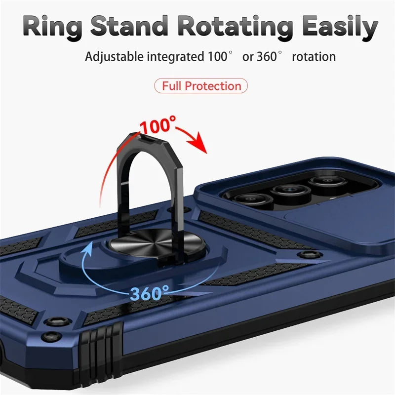Slide Camera Lens Military Grade Armor Phone Case For Samsung Galaxy A16 A06 A15 A25 A35 A55 5G S24FE Holder Ring Stand Cover