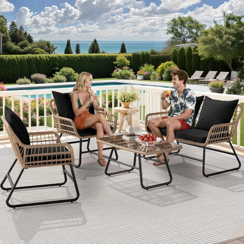 Outdoor Patio Conversation Set 4 Pieces, Wicker Furniture with Soft Cushion &amp; Coffee Table, Rattan Bistro Set Patio Set Chairs