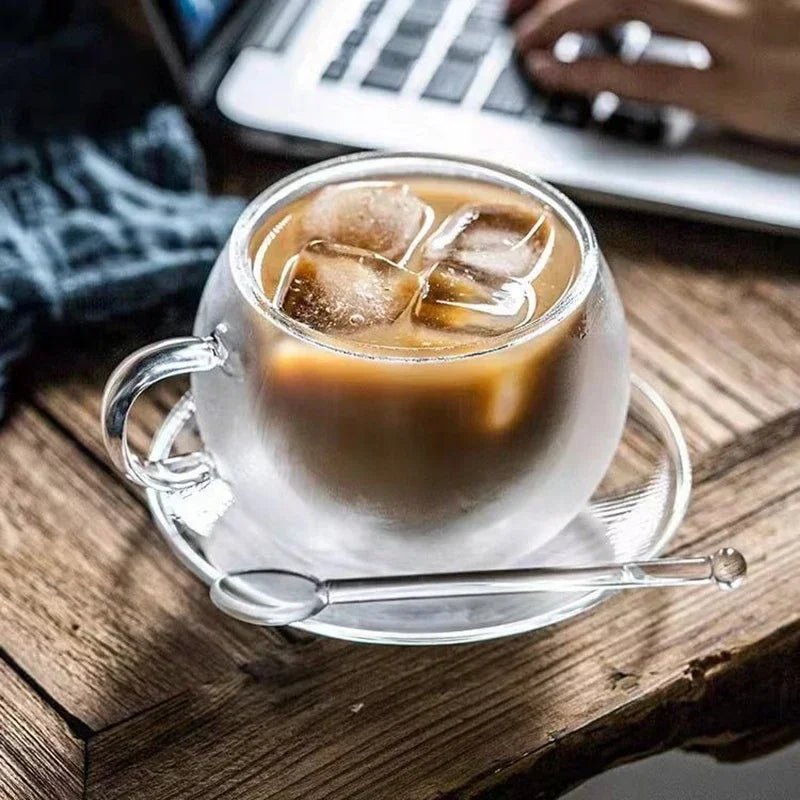 150/300ml Double Wall Glass Coffee Cup with Saucers and Spoon Heat Resistant Espresso Cups