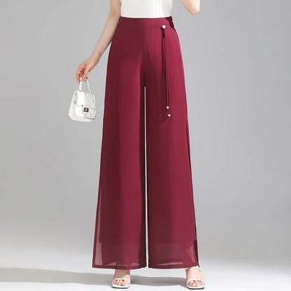 ZUZK Double Layer Chiffon Pants Fashion Slit Chiffon Pants Spring Summer Comfortable Elastic Waist Slim Chic Droop Pants
