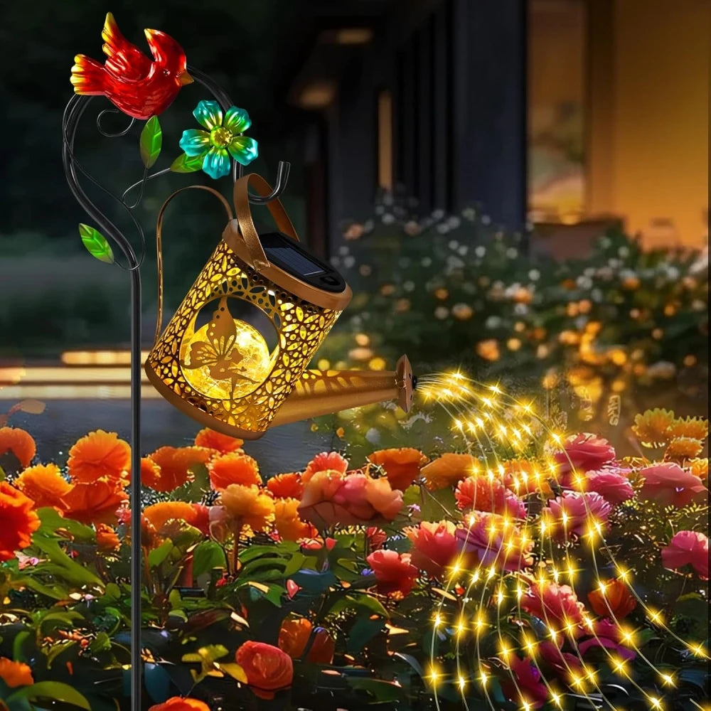 Fairy Solar Watering Can Lights Outdoor Waterfall Garden String Fairy Lights Solar Metal Kettle Projection Light Garden Decor