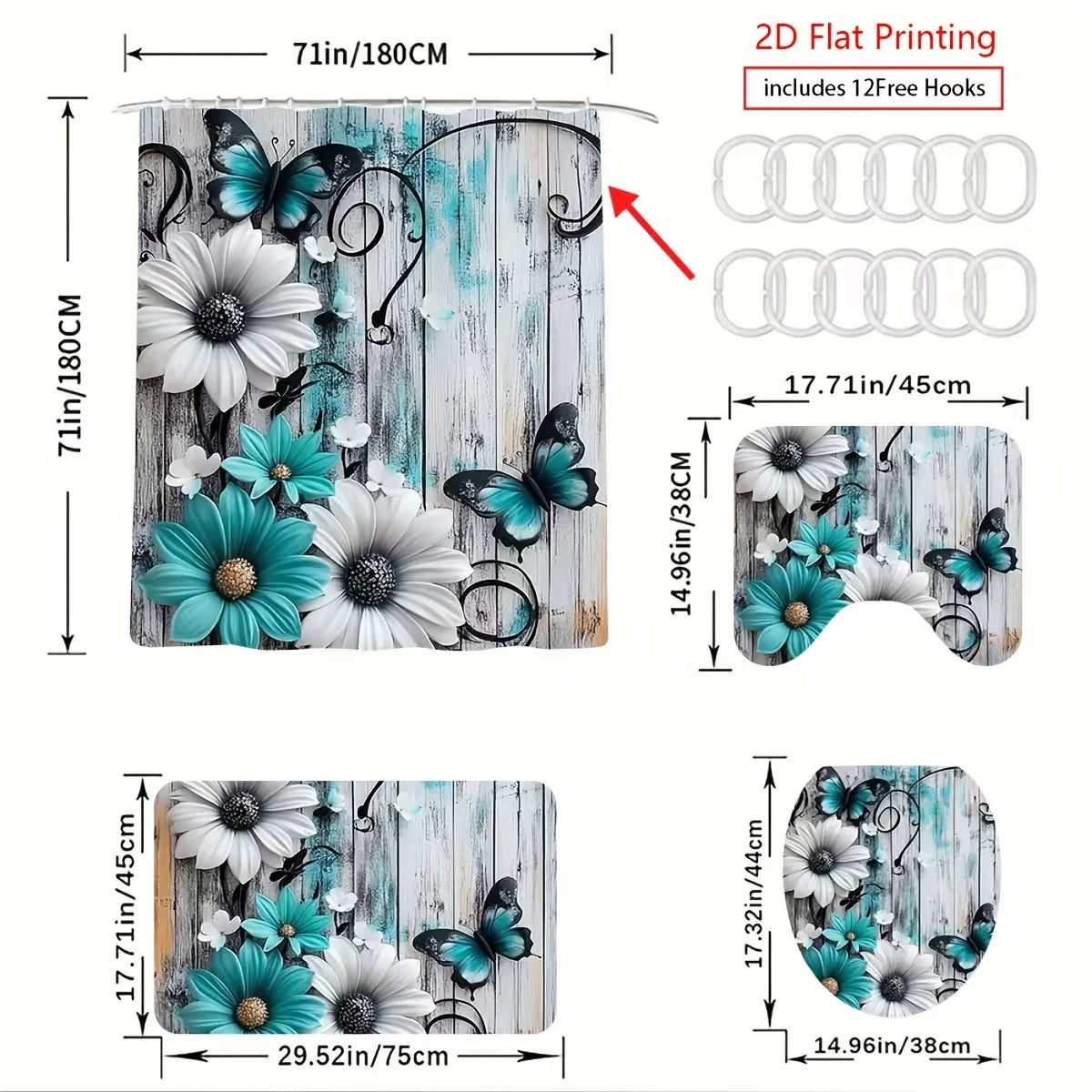 1or4 Piece Teal and White Floral Butterfly Shower Curtain Set - Modern Bathroom Decor - Washable Fabric Curtain - Rugs and Cover
