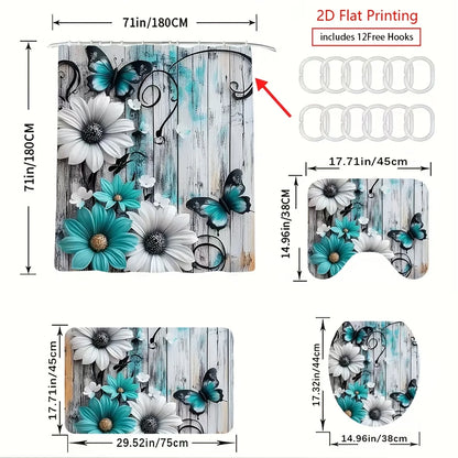 1or4 Piece Teal and White Floral Butterfly Shower Curtain Set - Modern Bathroom Decor - Washable Fabric Curtain - Rugs and Cover