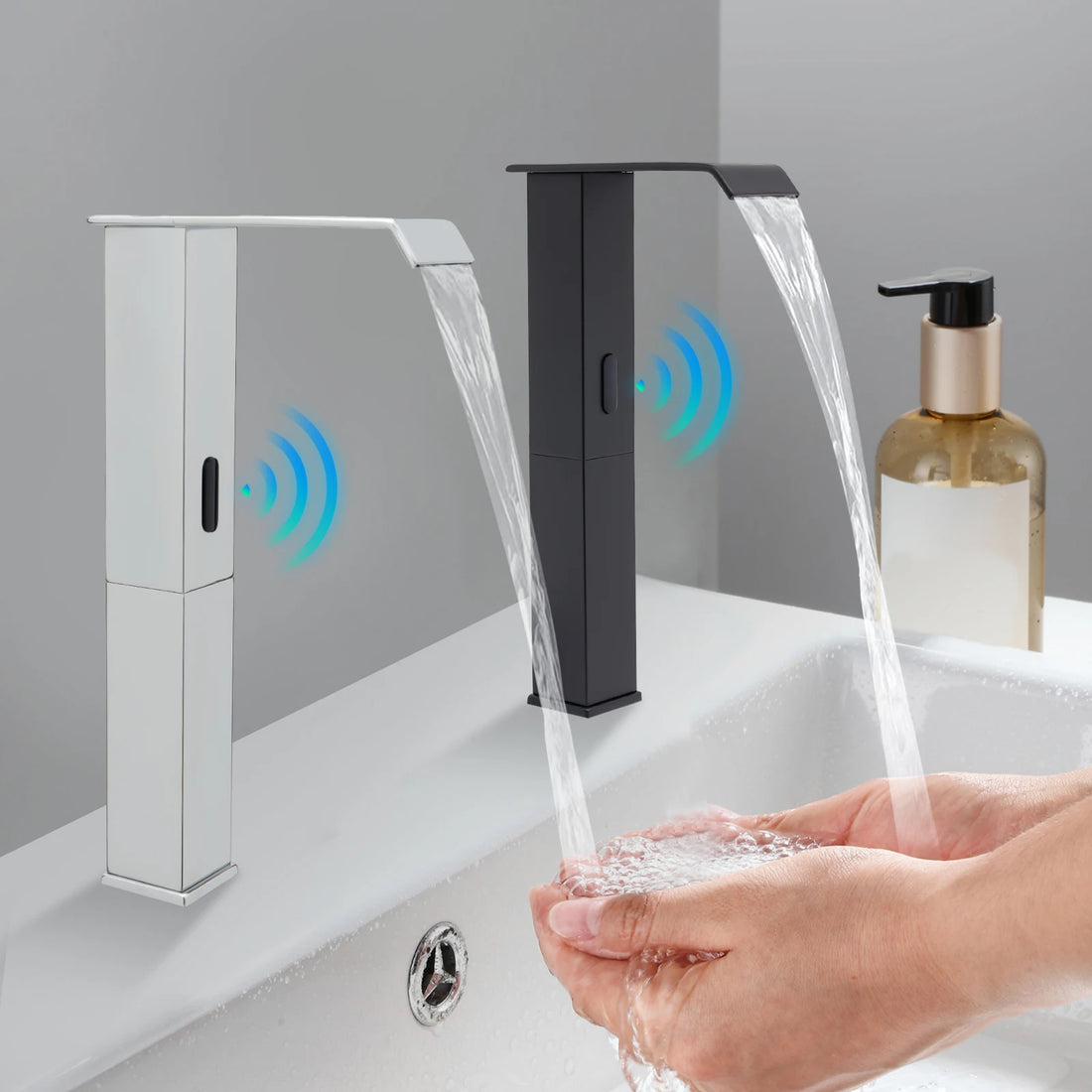 Touchless Sensor Faucet with Waterfall Spout, Adjustable Temperature Valve, Black Finish, Ideal for Kitchen and Bathroom Use