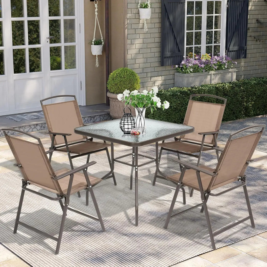 5 Piece Outdoor Dining Set, Patio Table and Chairs Set,Outdoor Metal Furniture Set,4 Folding Chairs and Square, Customized