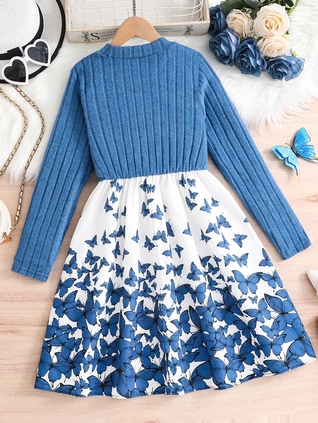 1-Piece Spring and Autumn Fashion Casual Style Knit Dress for Girls Aged 8-12, Featuring a Round Neck, Ribbed Design, Solid Color, and Dual Print Patterns, Suitable as a Gift for Eid, Easter, Carnival, Chinese New Year, and O