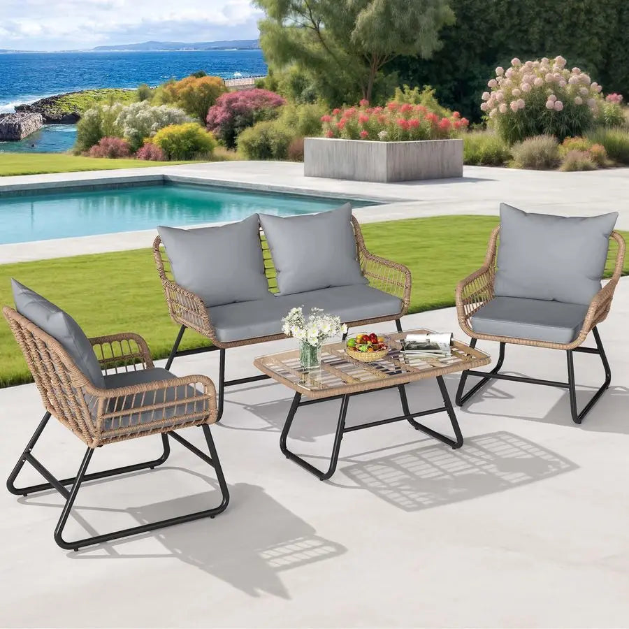 4Piece Patio Furniture Set, Wicker Outdoor Furniture Set with Cushions, Outdoor Table and Chairs for Balcony, Backyard, Deck, A