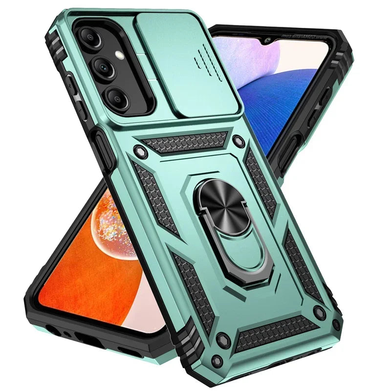 Slide Camera Lens Military Grade Armor Phone Case For Samsung Galaxy A16 A06 A15 A25 A35 A55 5G S24FE Holder Ring Stand Cover