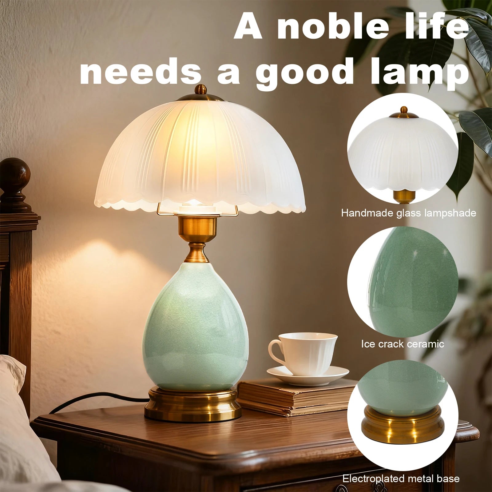 16" Vintage Ceramic Table Lamp – Chinese Traditional Green Bedside Lamp with 3-Color Dimmable LED, Retro Modern Living Room &amp; Be