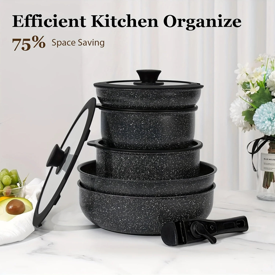 15pcs Pots And Pans Set Non Stick, Cookware Sets With Detachable Handle, Nonstick RV Kitchen Cooking Set Removable Handles,