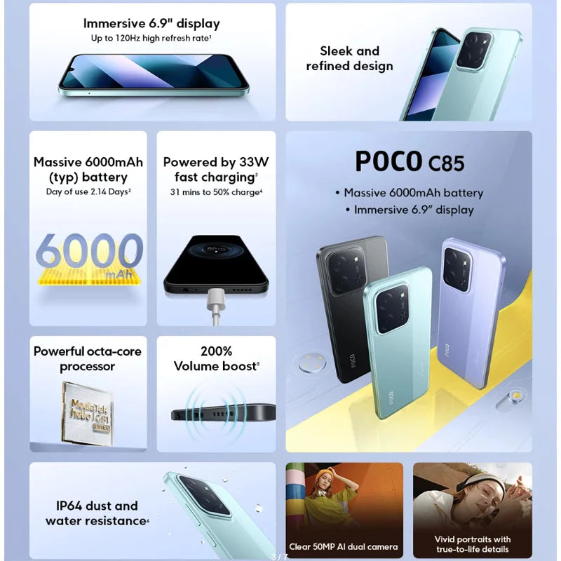 POCO C85 Global Version Smartphone 128/256GB Helio G81-Ultra 6000mAh battery 6.9" display 50MP Camera 33W NFC