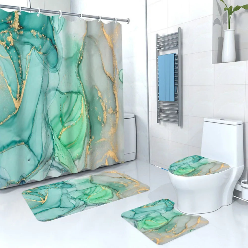 3D Blue Marble Print Shower Curtain 4 Piece Carpet Cover Toilet Cover Bath Mat Pad Set Bathroom Curtain with 12 Hooks Home Decor
