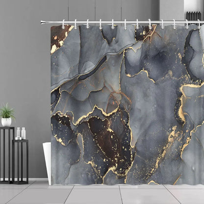 Gray Golden Crackle Marble Shower Curtain Set Modern Creative Marble Texture Fabric Bathroom Decor Curtain and Non-Slip Bath Mat