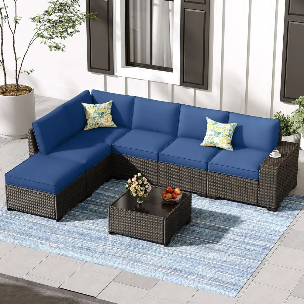 Patio Furniture Set, All-Weather Outdoor Wicker Sectional Sofa with Cushions, Tempered Glass Table &amp; Ottoman,Rattan Conversation